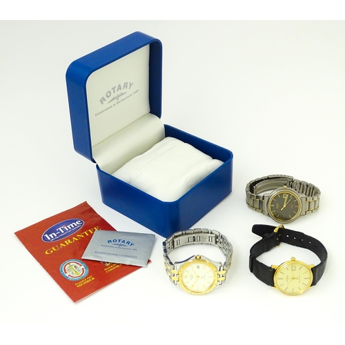 1034 - Three assorted gentlemans wristwatches to include Sieko, Rotary and Jean Renet. (3)