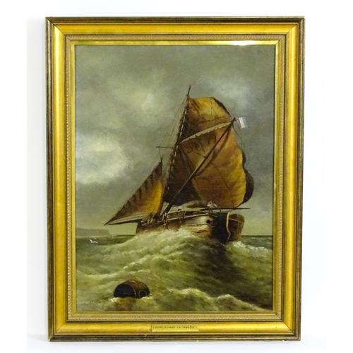 1872 - Late 19th / early 20th century, Oil on canvas, A French sailing boat at sea. Titled Fuite Devant la ... 