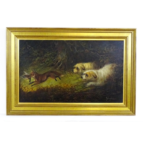 1876 - George Armfield (1808-1893), Oil on canvas, Two terrier dogs chasing a fox with a pheasant. Signed l... 