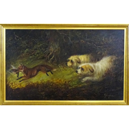 1876 - George Armfield (1808-1893), Oil on canvas, Two terrier dogs chasing a fox with a pheasant. Signed l... 