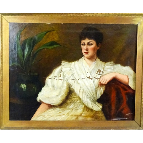 1879 - Late 19th / early 20th century, Oil on canvas, A portrait of a seated young lady with a house plant.... 