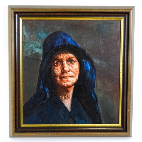 1881 - Andrew Vicari (1932-2016), Oil on board, Mourning Woman. A portrait of a cloaked lady. Signed upper ... 