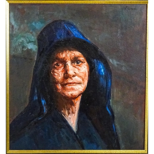 1881 - Andrew Vicari (1932-2016), Oil on board, Mourning Woman. A portrait of a cloaked lady. Signed upper ... 