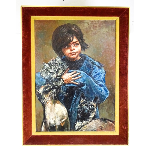 1883 - Andrew Vicari (1932-2016), Oil on canvas, La Zingarella, A portrait of a young child with three cats... 