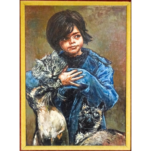 1883 - Andrew Vicari (1932-2016), Oil on canvas, La Zingarella, A portrait of a young child with three cats... 