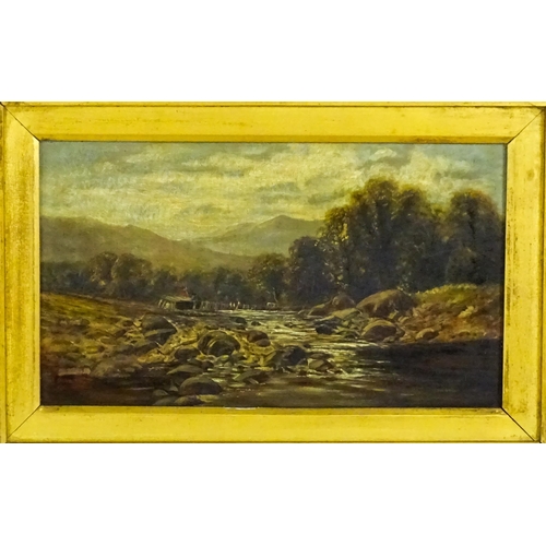 1888 - J. Bromhead, 19th century, Oil on canvas, A wooded river landscape with figures, and mountains beyon... 