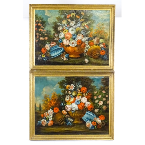 1889 - 19th century, Oil on canvas, Two still life studies with blooming flowers in urn style vases and blu... 