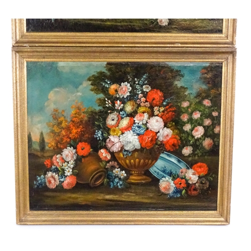 1889 - 19th century, Oil on canvas, Two still life studies with blooming flowers in urn style vases and blu... 