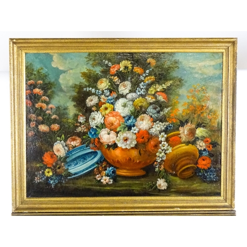 1889 - 19th century, Oil on canvas, Two still life studies with blooming flowers in urn style vases and blu... 