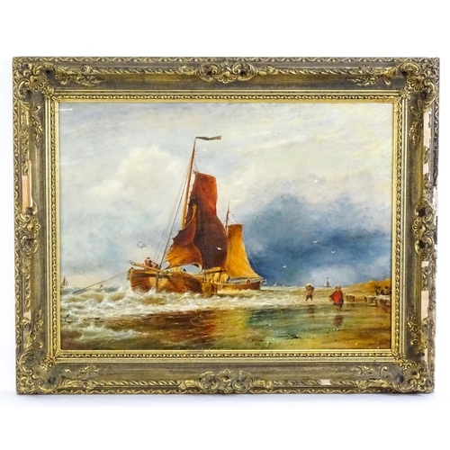 1890 - Early 20th century, Oil on board, Brining in the Catch, A beach scene with fishing boats and figures... 