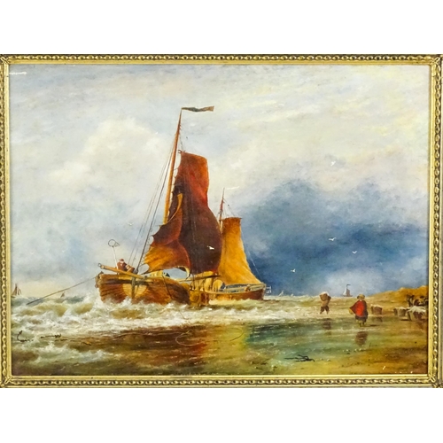 1890 - Early 20th century, Oil on board, Brining in the Catch, A beach scene with fishing boats and figures... 