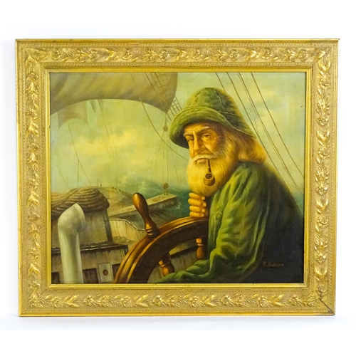 1891 - R. Bloesen, 20th century, Oil on canvas, A portrait of a fisherman steering a ship at sea. Signed lo... 