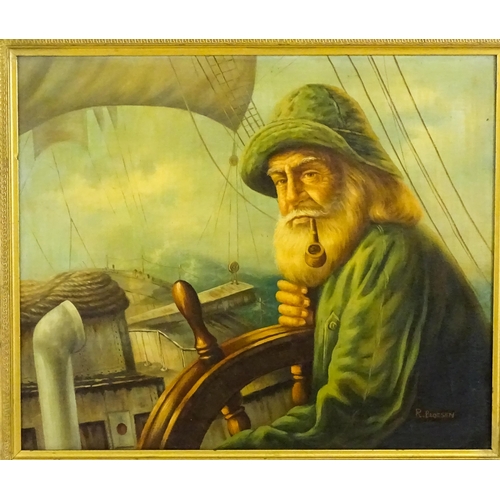 1891 - R. Bloesen, 20th century, Oil on canvas, A portrait of a fisherman steering a ship at sea. Signed lo... 