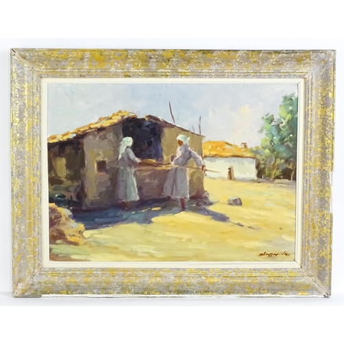 1892 - 20th century, Oil on board, An Eastern European street scene with two women baking bread. Possibly U... 