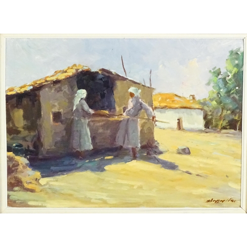 1892 - 20th century, Oil on board, An Eastern European street scene with two women baking bread. Possibly U... 