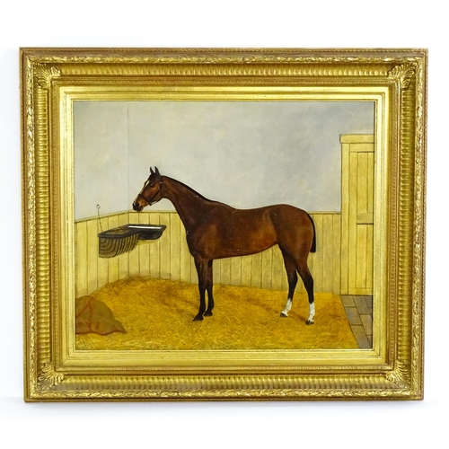 1893 - 19th century, English School, Oil on canvas, A portrait of a brown horse in a stable. Signed with in... 