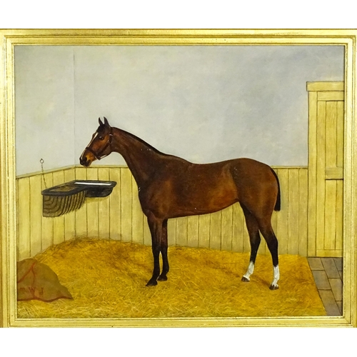 1893 - 19th century, English School, Oil on canvas, A portrait of a brown horse in a stable. Signed with in... 