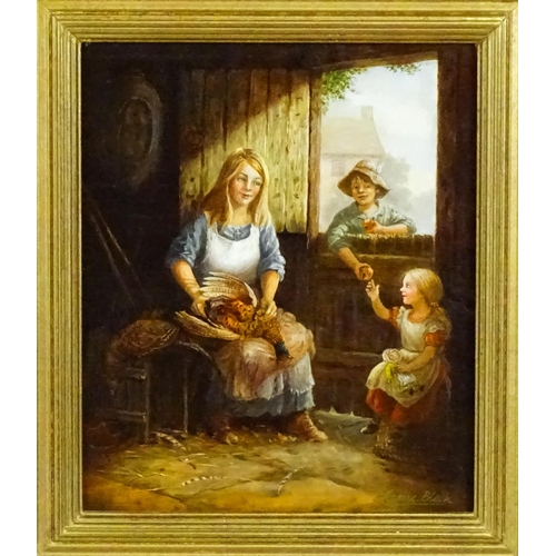 1895 - Clare Black, 20th century, Oil on canvas, A pair of interior scenes comprising a woman plucking a ph... 