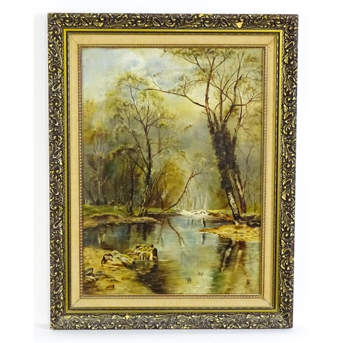 1897 - 19th century, Oil on canvas, A wooded river landscape with a pied stilt style bird on the banks. Sig... 