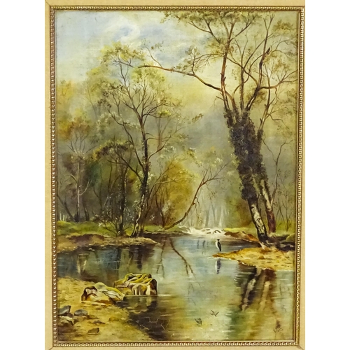 1897 - 19th century, Oil on canvas, A wooded river landscape with a pied stilt style bird on the banks. Sig... 