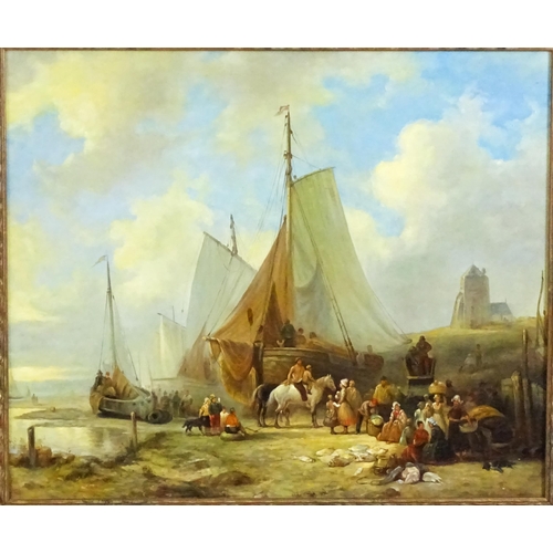 1904 - 20th century, Continental School, Oil on canvas, A small harbour scene with fishing boats, figures, ... 