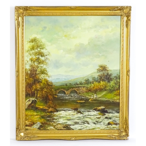 1905 - K. Lytton, 20th century, Oil on canvas, A river landscape scene with stone arch bridge and woman and... 