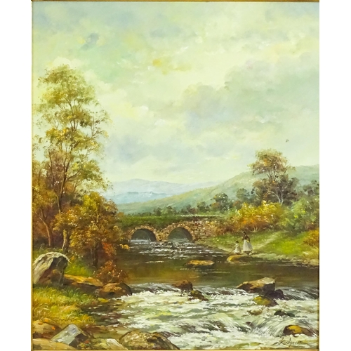 1905 - K. Lytton, 20th century, Oil on canvas, A river landscape scene with stone arch bridge and woman and... 