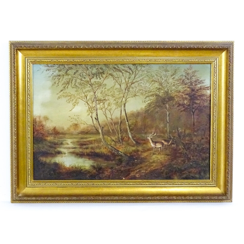 1907 - 19th century, Oil on canvas, A wooded river landscape with three deer, a stag, doe and fawn. Approx.... 