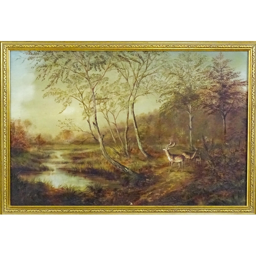 1907 - 19th century, Oil on canvas, A wooded river landscape with three deer, a stag, doe and fawn. Approx.... 