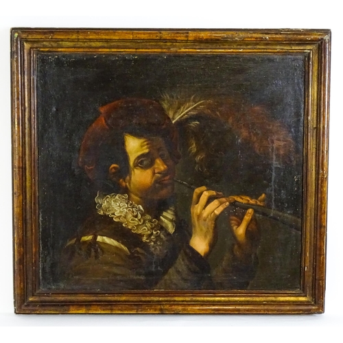 1911 - Follower of Caravaggio, Oil on canvas, The Flutist, A portrait of a man playing a flute / pipe with ... 