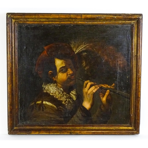 1911 - Follower of Caravaggio, Oil on canvas, The Flutist, A portrait of a man playing a flute / pipe with ... 