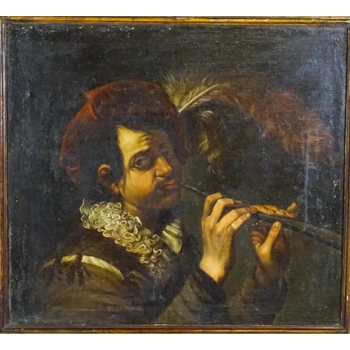 1911 - Follower of Caravaggio, Oil on canvas, The Flutist, A portrait of a man playing a flute / pipe with ... 