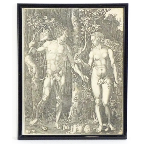 2083 - Johann Ladenspelder after Albrecht Durer, Engraving, Adam and Eve. Approx. 9 1/2