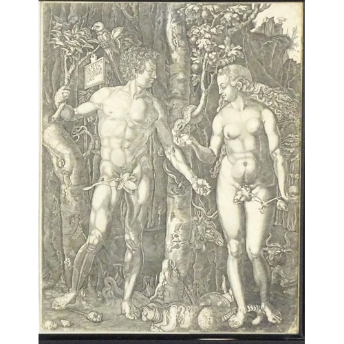 2083 - Johann Ladenspelder after Albrecht Durer, Engraving, Adam and Eve. Approx. 9 1/2