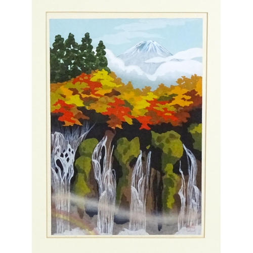 2090 - Masao Ido (1945-2016), Japanese School, Woodblock, An autumn landscape with a view of Mount Fuji. Si... 