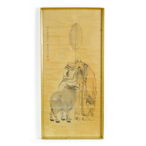 2091 - Chinese School, Watercolour, A scholar with attendants and a buffalo. Signed with Character marks an... 