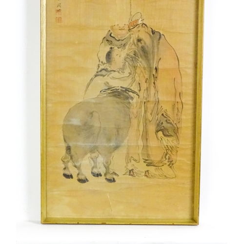 2091 - Chinese School, Watercolour, A scholar with attendants and a buffalo. Signed with Character marks an... 