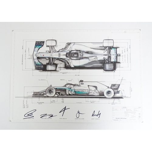 2094 - A 2018 print signed by F1 drivers and team, depicting a technical drawing for Mercedes-AMG PETRONAS ... 