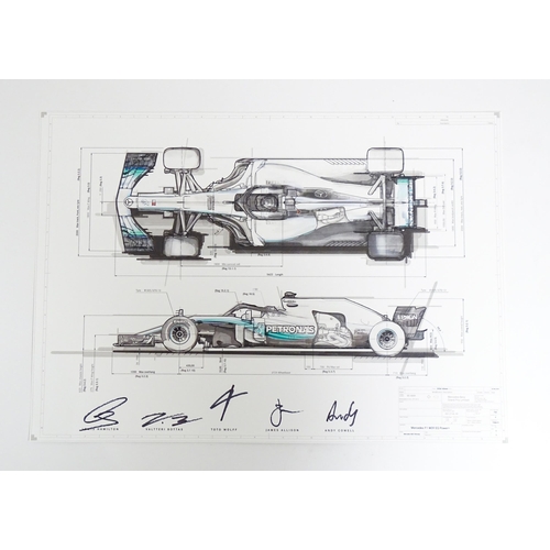 2094 - A 2018 print signed by F1 drivers and team, depicting a technical drawing for Mercedes-AMG PETRONAS ... 