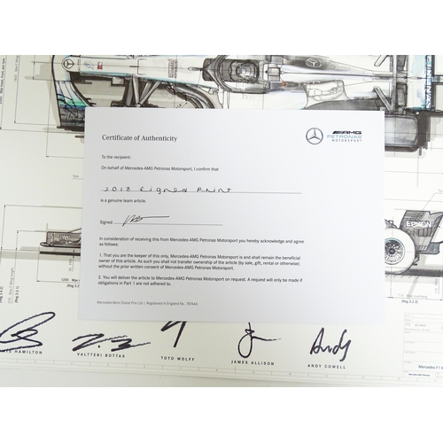 2094 - A 2018 print signed by F1 drivers and team, depicting a technical drawing for Mercedes-AMG PETRONAS ... 