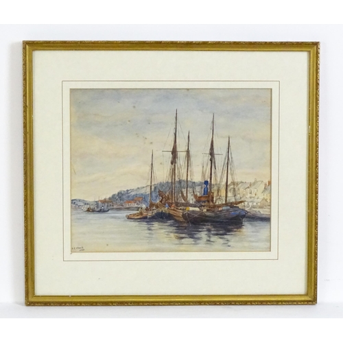 1992 - A. C. Clark, English School, 20th century, Watercolour, A harbour scene with moored boats. Signed an... 