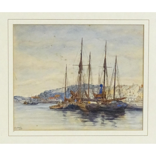 1992 - A. C. Clark, English School, 20th century, Watercolour, A harbour scene with moored boats. Signed an... 