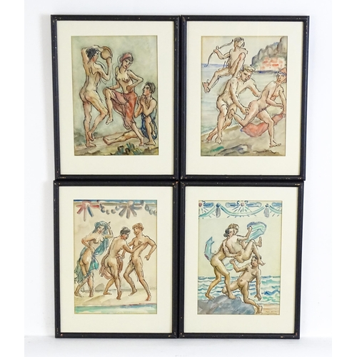 1993 - 20th century, Watercolours, Four scenes depicting dancing nude figures, some with coastal views beyo... 