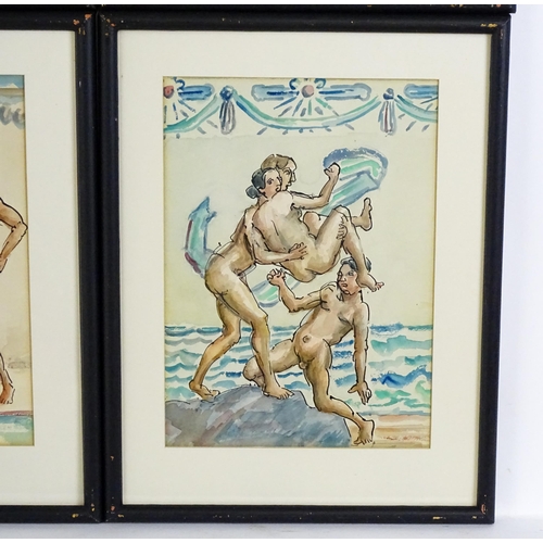 1993 - 20th century, Watercolours, Four scenes depicting dancing nude figures, some with coastal views beyo... 