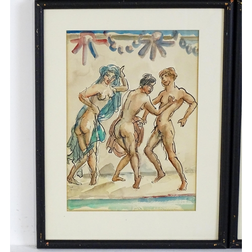 1993 - 20th century, Watercolours, Four scenes depicting dancing nude figures, some with coastal views beyo... 