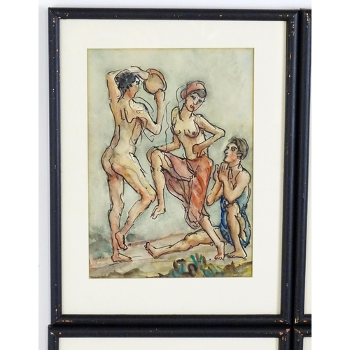 1993 - 20th century, Watercolours, Four scenes depicting dancing nude figures, some with coastal views beyo... 