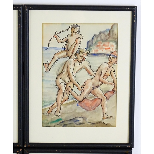 1993 - 20th century, Watercolours, Four scenes depicting dancing nude figures, some with coastal views beyo... 