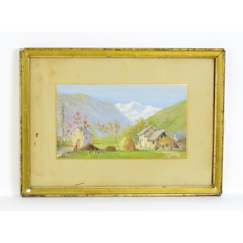 1994 - Bringuier, Early 20th century, Watercolour, A Swiss farm scene with figures, chickens and hay stook,... 