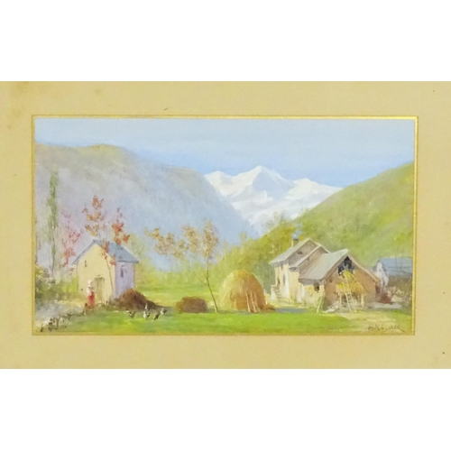 1994 - Bringuier, Early 20th century, Watercolour, A Swiss farm scene with figures, chickens and hay stook,... 