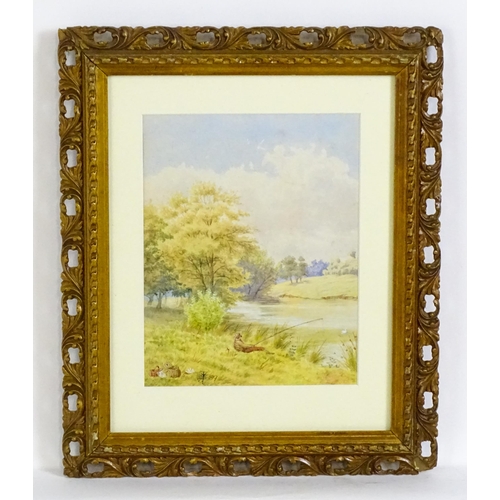 1998 - 19th century, Watercolour, A river landscape with a fisherman. Signed with monogram and dated 1889 l... 